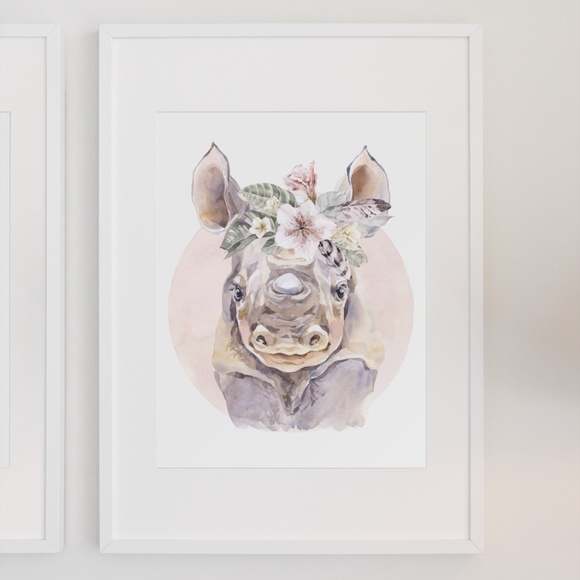 Watercolor Floral Rhino Wall Art Illustration Print Poster Card Unframed - Picture 3 of 8